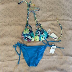 Floral Print & Solid Blue Tie Bikini Set - Women